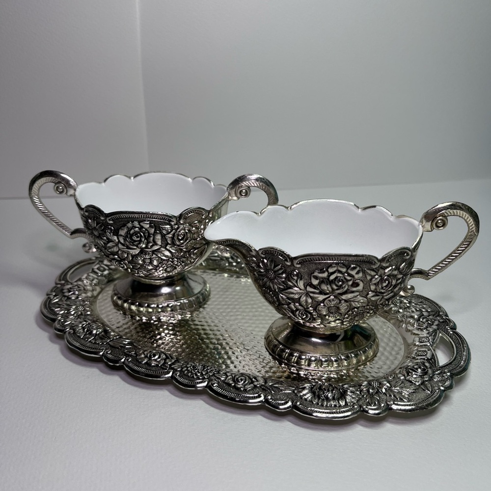 Vintage Eales 1779 Silverplate Sugar Creamer Set Tray Box Ornate Victorian Style